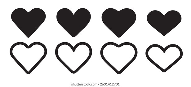 conjunto de ícones de coração preto. Design de conceito linear em gráfico vetorial. Botões do ícone da Web de estrutura de tópicos. Sinal de amor em plano. ilustração vetorial eps 10