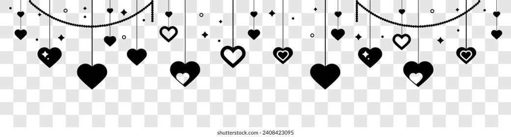 Black heart icons set. Valentine's day decoration. Valentine's day seamless banner or border. Hanging hearts seamless border isolated on transparent background . Hearts garland.