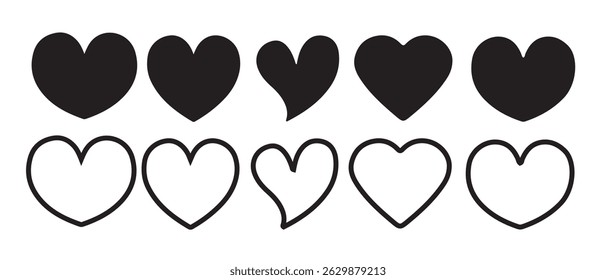 Black heart icons set vector, Set hearts of different shapes for web. Heart collection. Hand drawn hearts doodles collection. Medical health care and love passion concept. vector eps 10
