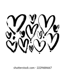 Black Heart illustration. Hand drawn Brush pen painting. Valentine's day romantic style. Set.