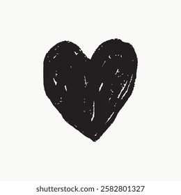 Black heart illustration on white background. Heart shape is rough and textured. Simple design. Heart is bold and prominent. Artistic symbol. Valentine's Day illustration vector.