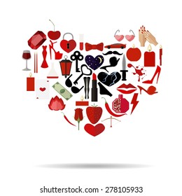 Black heart inside red heart filled with icons of passion.