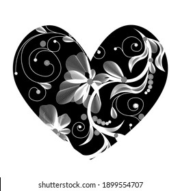 Black heart, inside white abstract flowers and monograms are drawn. Stock vector illustration in outline style isolated on white background.