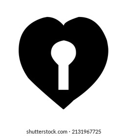 Black Heart With Key Hole.Black isolated icon of unlocked heart shape lock on white background. Silhouette of unlocked heart shape lock. Flat design.
