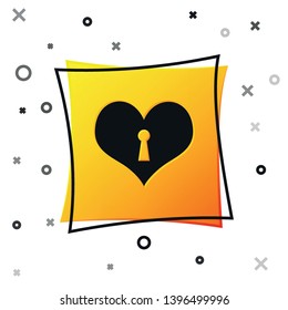 Black Heart with keyhole icon isolated on white background. Locked Heart. Love symbol and keyhole sign. Yellow square button. Vector Illustration