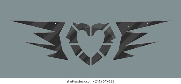 Black Heart Kitty Shape Gray Sci Fi Hud Futuristic Metal Frame Wings Military Armor For Logo Vector Isolated