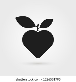 black heart with leaf simple logo. concept of healthy food for kids or vegetarians and natural meal. flat minimal style trend modern art graphic design element isolated on gray background with shadow