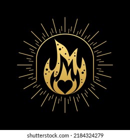 Black heart love in golden burning fire flame with light ray boho vector design.