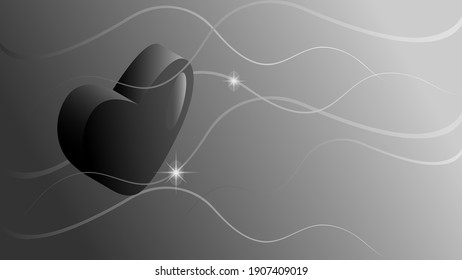 schwarzes Herz auf grauem Hintergrund, Farbverlauf-Hintergrund mit volumetrischem Herz, Linien mit Sternen, einfarbige Postkarte