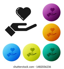 Black Heart on hand icon isolated on white background. Hand giving love symbol. Set icons colorful circle buttons. Vector Illustration