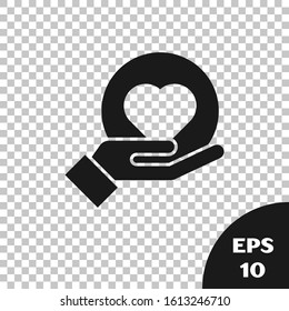 Black Heart on hand icon isolated on transparent background. Hand giving love symbol.  Vector Illustration