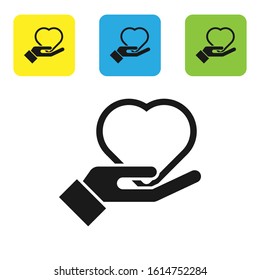 Black Heart on hand icon isolated on white background. Hand giving love symbol. Valentines day symbol. Set icons colorful square buttons. Vector Illustration