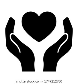 black heart on hands vector icon isolated on white background.