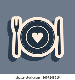 Black Heart on plate, fork and knife icon isolated on grey background. Happy Valentine's day. Long shadow style. Vector Illustration