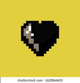 Black heart on yellow background in pixel art 8-bit style like in old arcade video games.