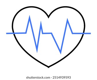 Un contorno de corazón negro con una línea de electrocardiograma azul en el interior. Ideal para temas médicos, de salud, cardiología, fitness y bienestar. Estilo de Vector simple, enfatizando la salud del corazón y el monitoreo.