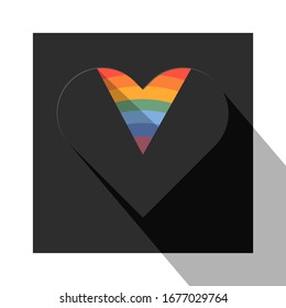 Corazón negro con parte de estilo plano arco iris con una larga sombra sobre un fondo negro. Para diseño, blogueo, textiles, conceptos de marketing, símbolo LGBT.