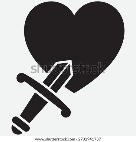 Black heart pierced by a stylized sword icon on a light gray background love broken heart