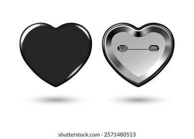 Black heart pin badge mockup. Isolated badge button brooch. Realistic blank heart shape glossy black button badge pin with metal back cover. 3d Vector illustration.