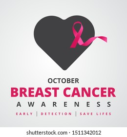 Black heart and pink ribbon with text breast cancer awareness.Vector illustration