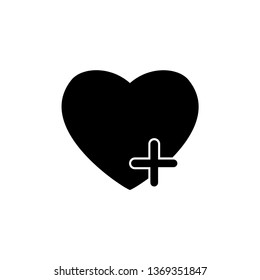 Black heart with plus isolated on white background. Love concept. Vector flat design