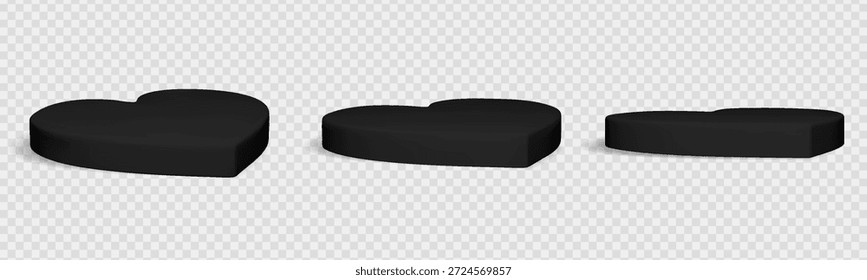 Black heart podium set with 3d platform for valentine day product display. Love shape pedestal stand with realistic shadow isolated on background. Vector mockup for cosmetic showcase design.