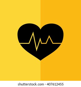 Black heart pulse icon vector illustration. Yellow background
