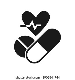 Black Heart with pulse and medicine isolated on a white background. Health concept. Logo, an icon in flat style