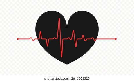 A black heart with a red heartbeat line vector illustration on a transparent background. Ideal for medical, health, and cardiology designs.
