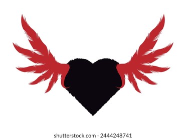 Black heart with red wings on white background.