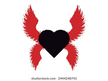 Black heart with red wings on white background.