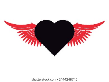 Black heart with red wings on white background.