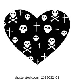 Black Heart with sculls and crosses  on white background.Crossbones.Heart Shaped