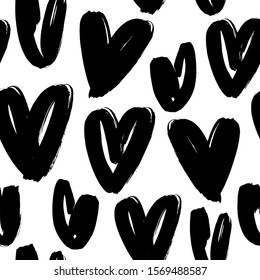 Black Heart Seamless Pattern. Black And White Ink Brush Hearts Hand Drawn Ornament. Love Symbols Vector Illustration. Monochrome Freehand Dry Paint Brush Stroke Shapes. Decorative Textile, Wallpaper.