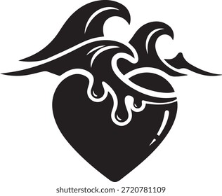 Forma de corazón negro con líneas onduladas abstractas y goteo de agua líquida de la onda del amor