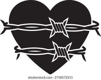 Forma de coração preto com arame farpado envolto em torno dele e dois nós de arame farpado amor dor sofrimento