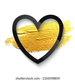 Black heart shape border on golden brush stroke vector illustration. Realistic 3d frame geometric shape, gold splash smear on paper, decoration with shiny effect isolated on white background.