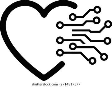 Una forma de corazón negro con un diseño de placa de circuito que se extiende desde el lado derecho, sobre un fondo blanco puro, creando un contraste llamativo entre la tecnología y la emoción