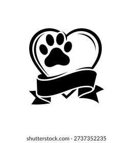 A black heart shape contains a white paw print with a ribbon a lovely silhouette