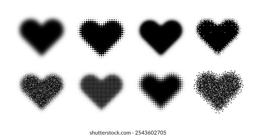 Black heart shape in different style: soft blur, halftone, stipple dots. Love symbol set 