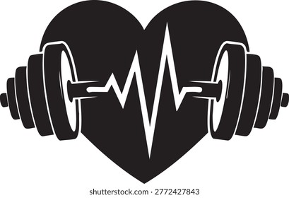 A black heart shape with a dumbbell and ECG line in white, creating a fitness and health symbol on a pure white background