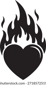 Black heart shape engulfed in stylized flames on a white background fire burning love