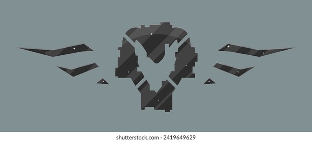 Black Heart Shape Gray Sci Fi Hud Futuristic Metal Military Frame Wings For Logo Vector Isolated