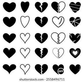 Black heart shape icon clipart set. Heart drawing, outline, sketch, silhouette, scribble and sketch clip art collection. Vector illustration flat love icon elements, valentines day clip art vector 