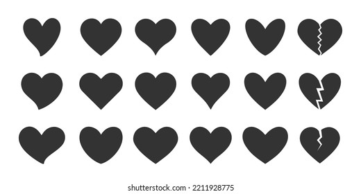 Juego de iconos de forma de corazón negro. Iconos de San Valentín del Día del Amor. Silhouettes vectoriales aisladas 