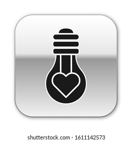 Black Heart shape in a light bulb icon isolated on white background. Love symbol. Valentine day symbol. Silver square button. Vector Illustration