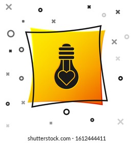 Black Heart shape in a light bulb icon isolated on white background. Love symbol. Valentine day symbol. Yellow square button. Vector Illustration