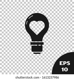 Black Heart shape in a light bulb icon isolated on transparent background. Love symbol. Valentine day symbol.  Vector Illustration