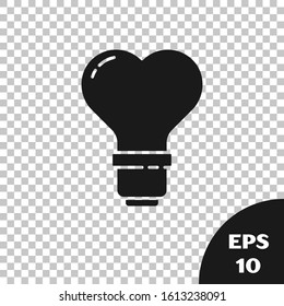 Black Heart shape in a light bulb icon isolated on transparent background. Love symbol. Valentine day symbol.  Vector Illustration