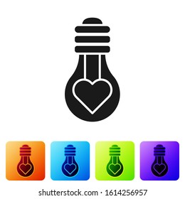 Black Heart shape in a light bulb icon isolated on white background. Love symbol. Valentine day symbol. Set icons in color square buttons. Vector Illustration